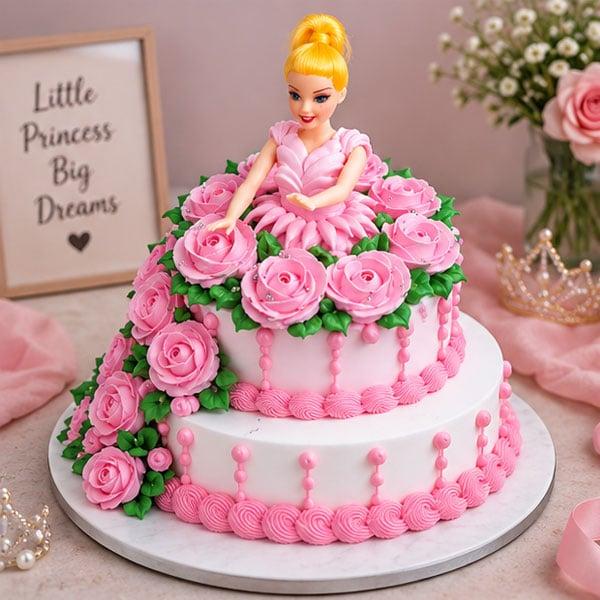Pink Princess Doll with Roses - Elegant Birthday Cake - 2 Kg - Eggless | Creamingo