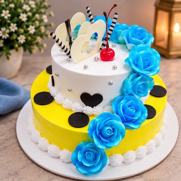 Butterscotch & Pineapple 2 Tier - Premium Celebration Cake - 1.5 Kg - Eggless | Creamingo