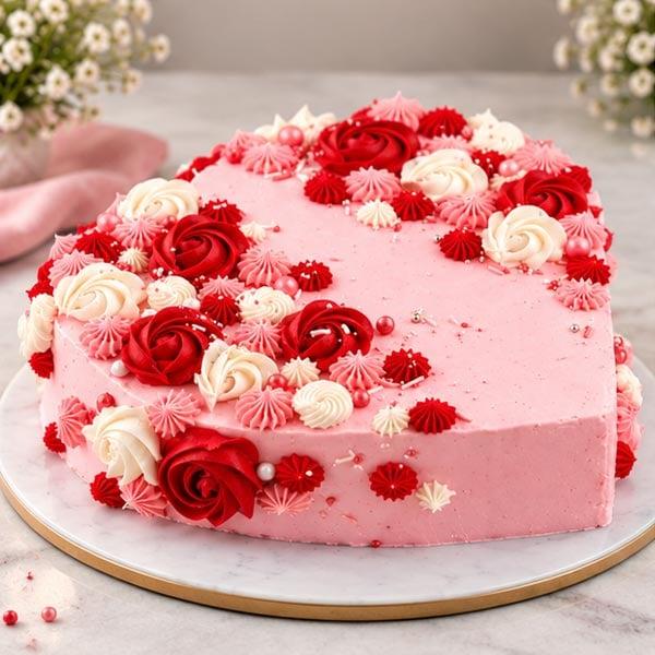 Premium Strawberry Heart Cake - Red & Pink Floral Design - 1 Kg - Eggless | Creamingo