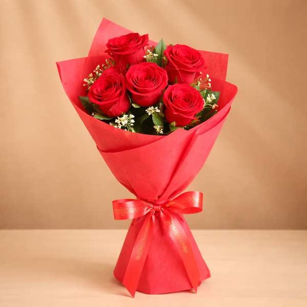 5 Vibrant Red Roses Bouquet