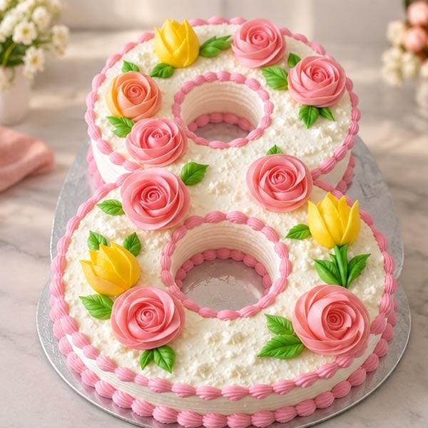 Premium Strawberry 8-Shaped Cake - Floral Cream Design - 2 Kg - Eggless | Creamingo