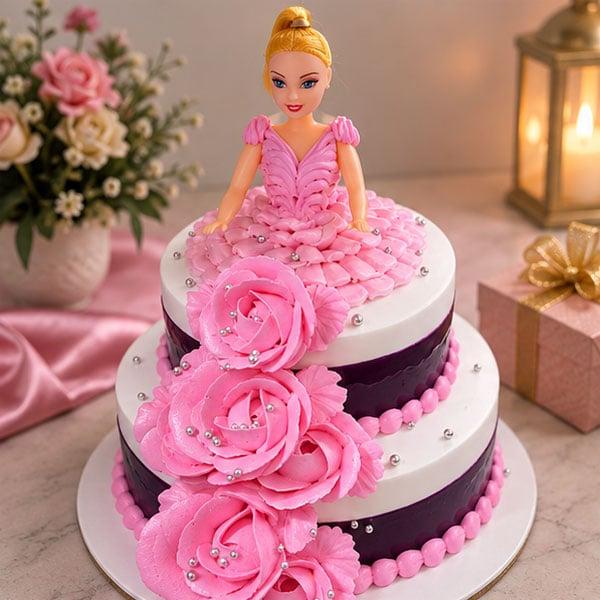 Premium Princess Doll Chocolate Cake with Pink Roses - 1.5 Kg - Eggless | Creamingo