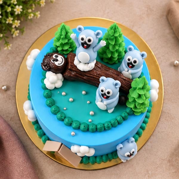 Cute Woodland Bear Cake - Blue Forest Theme Birthday Cake 2