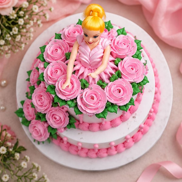 Pink Princess Doll with Roses - Elegant Birthday Cake 2