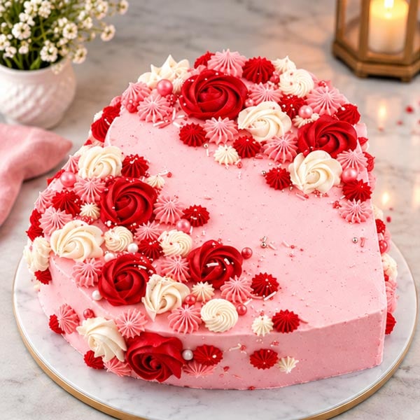 Premium Strawberry Heart Cake - Red & Pink Floral Design 2