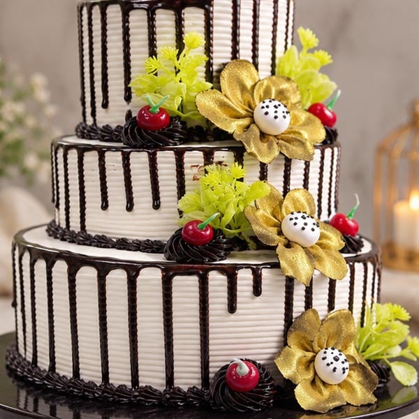 Premium Black Forest Cake with Chocolate Drips & Golden Flowers 3