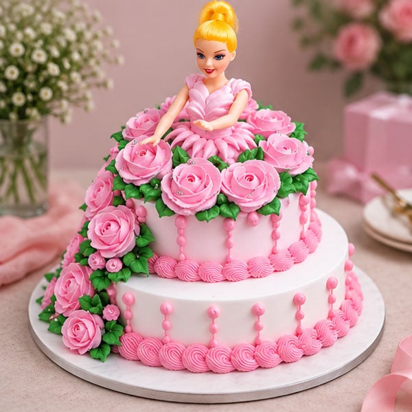 Pink Princess Doll with Roses - Elegant Birthday Cake 3