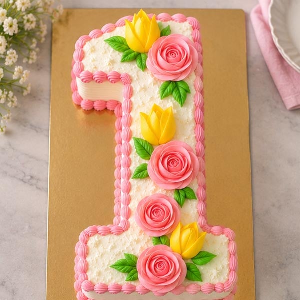 Premium Pineapple Number 1 Cake - Floral Cream Design 2