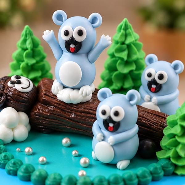 Cute Woodland Bear Cake - Blue Forest Theme Birthday Cake 4