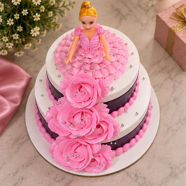 Premium Princess Doll Chocolate Cake with Pink Roses 3