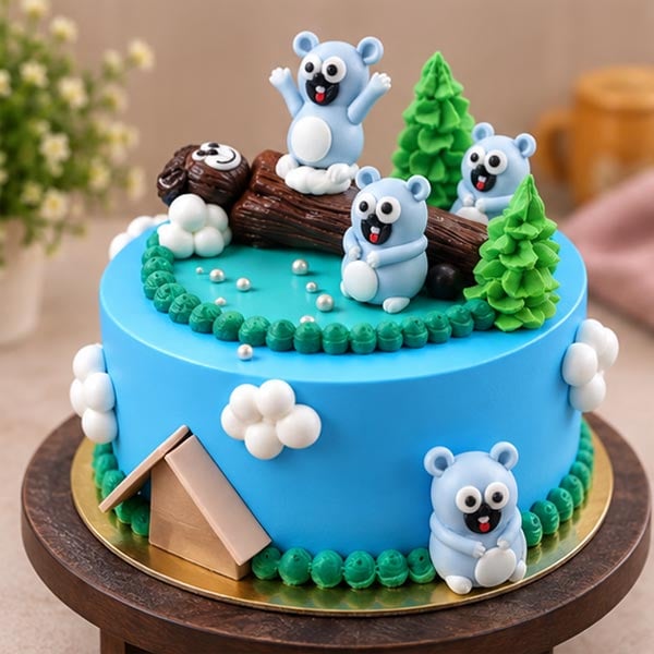 Cute Woodland Bear Cake - Blue Forest Theme Birthday Cake 3