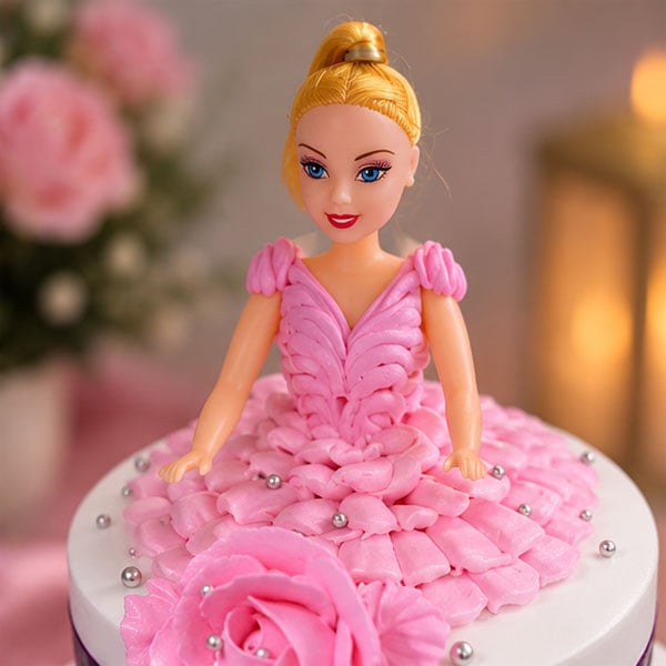 Premium Princess Doll Chocolate Cake with Pink Roses 2