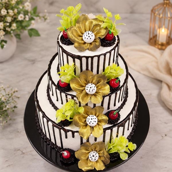 Premium Black Forest Cake with Chocolate Drips & Golden Flowers 2